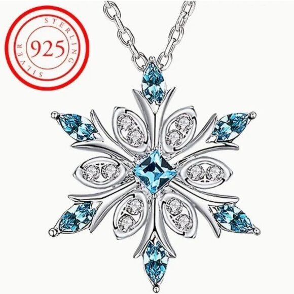 Elegant Vintage-inspired S925 Silver Snowflake Pendant Necklace with Blue Cubic - Picture 3 of 6